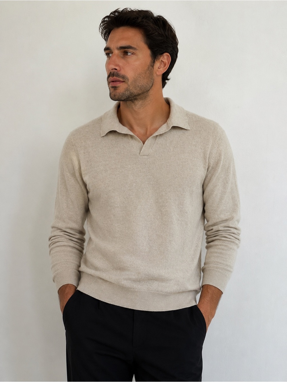 Christian Lacroix Men Beige Knit Polo Sweater 100% extra fine merino wool small